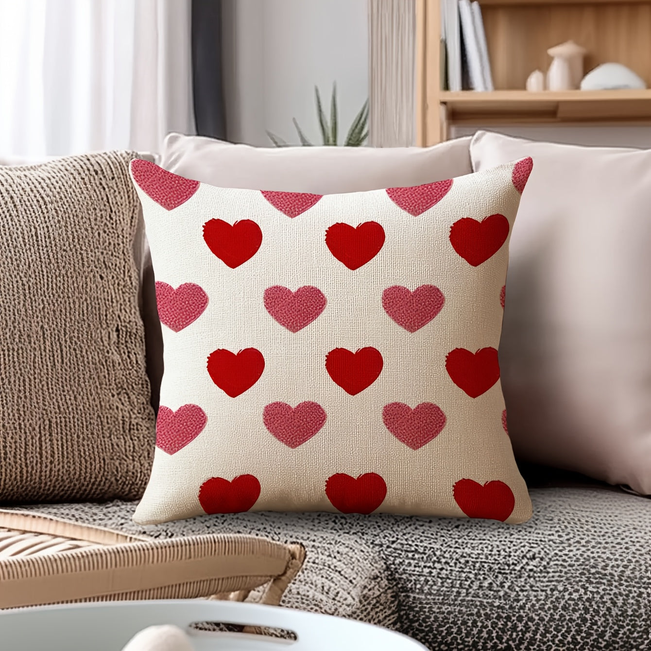 2pcs Valentine's Day Linen Pillow Covers, Reversible Love Heart Pattern, Zipper Closure, Machine Washable, Contemporary Style for Sofa & Bedroom Decor, 15.7x15.7 & 44.96x44.96 cm - No Insert, Pillows for Couch