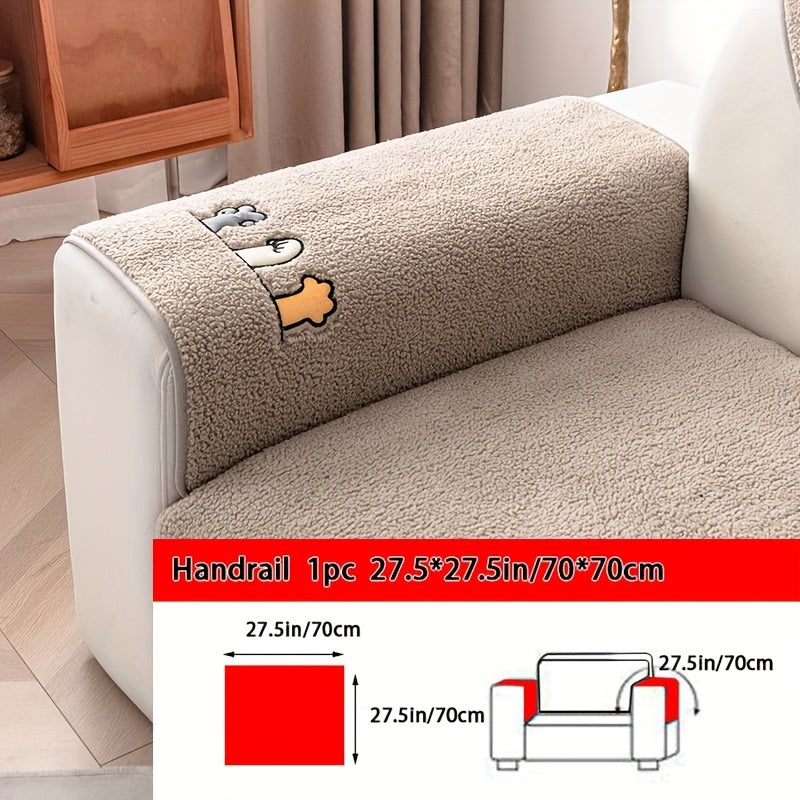 1pc Plush Thick Shearling Sofa Cover with Cute Animal & Bone Embroidery - Pet-Friendly, Non-Slip Couch Protector for All Sofa Sizes from Single to Four-Seater - Soft, Warm Decor for Living Room, Bedroom, Office, Sofa Covers f