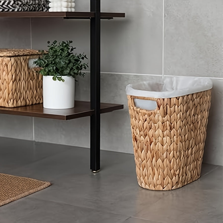 1pc 12L Wicker Waste Basket, Wicker Woven Trash Can With Built-in Handles, Handwoven Water Hyacinth Paper Basket, Wicker Garbage Can For Bedroom Bathroom, Home Organization And Storage Supplies, Cleaning Supplies, Home Decor,