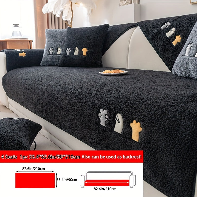 1pc Plush Thick Shearling Sofa Cover with Cute Animal & Bone Embroidery - Pet-Friendly, Non-Slip Couch Protector for All Sofa Sizes from Single to Four-Seater - Soft, Warm Decor for Living Room, Bedroom, Office, Sofa Covers f
