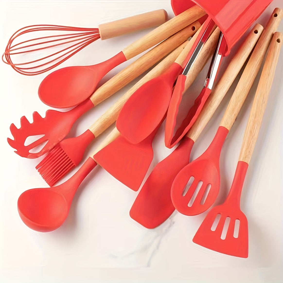 12pcs Silicone Kitchen Utensil Set with Wooden Handles - Non-Stick, Heat Resistant Cooking Tools in Khaki | Includes Spatulas, Ladles, Whisks & More | Durable & Easy to Clean