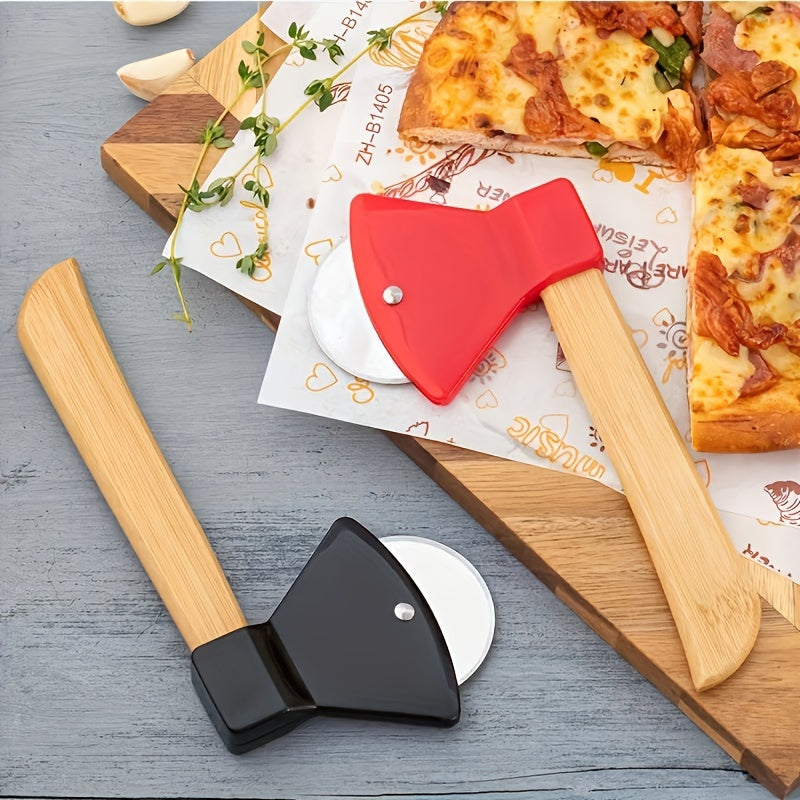 1pc, Axe Shaped Pizza Wheel Cutter, Stainless Steel Pizza Knife Withn Bamboo Handle, Kitchen Gadgets, 21cm